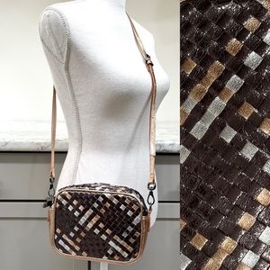 Neiman Marcus Woven Leather Crossbody Bag Metallic Gold Bronze Silver